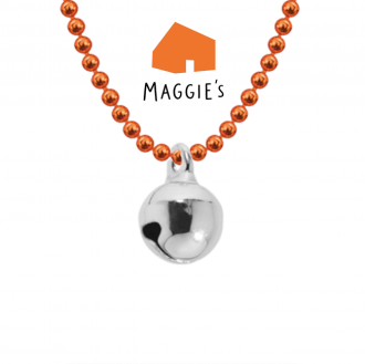 Maggie's x Allumer Bell Necklace. orange chain with a silver colour bell